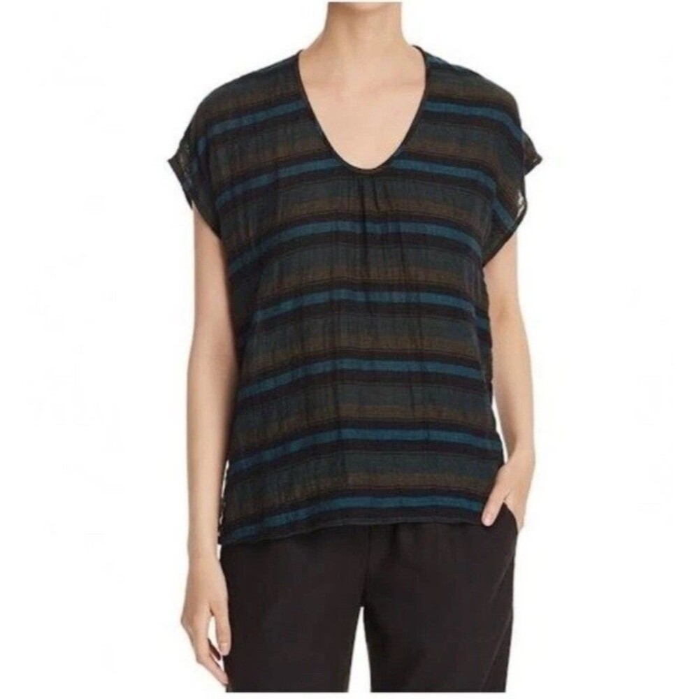 EILEEN FISHER  NWT Stripe Organic Cotton Top Nori Short Sleeve Blue Green L/Xl